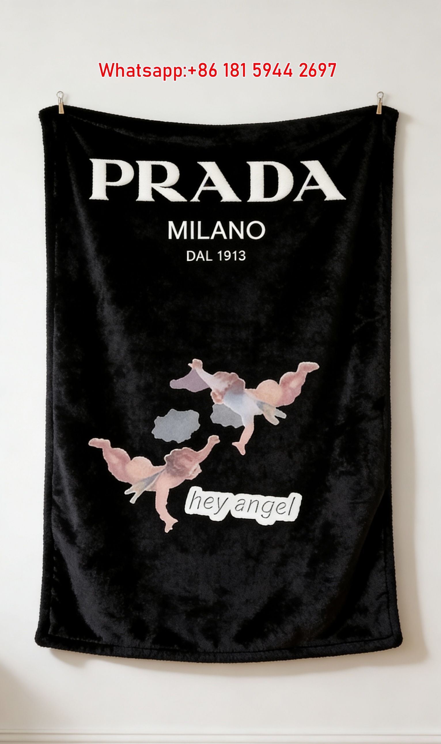 Prada Black Background White Logo Print Flannel Throw Blanket IMG_2727